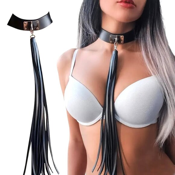 Collar Leather Sexy Erotica Choker Fetish Bondage BDSM Role Play Tassel Whip NEW - Picture 1 of 3